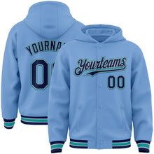 Load image into Gallery viewer, Custom Light Blue Navy Gray-Teal Bomber Full-Snap Varsity Letterman Hoodie Jacket