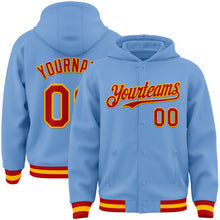 Load image into Gallery viewer, Custom Light Blue Red-Gold Bomber Full-Snap Varsity Letterman Hoodie Jacket