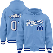 Load image into Gallery viewer, Custom Light Blue White-Royal Bomber Full-Snap Varsity Letterman Hoodie Jacket