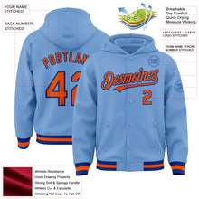 Load image into Gallery viewer, Custom Light Blue Orange-Royal Bomber Full-Snap Varsity Letterman Hoodie Jacket