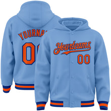 Load image into Gallery viewer, Custom Light Blue Orange-Royal Bomber Full-Snap Varsity Letterman Hoodie Jacket