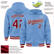 Load image into Gallery viewer, Custom Light Blue Maroon-Cream Bomber Full-Snap Varsity Letterman Hoodie Jacket