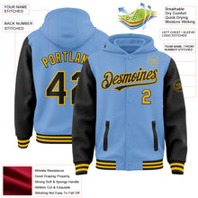 Load image into Gallery viewer, Custom Light Blue Black-Gold Bomber Full-Snap Varsity Letterman Two Tone Hoodie Jacket