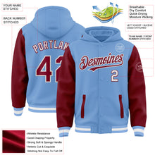 Load image into Gallery viewer, Custom Light Blue Crimson-White Bomber Full-Snap Varsity Letterman Two Tone Hoodie Jacket
