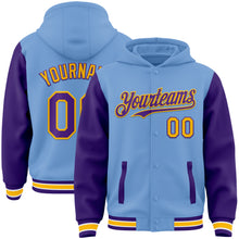 Load image into Gallery viewer, Custom Light Blue Purple-Gold Bomber Full-Snap Varsity Letterman Two Tone Hoodie Jacket