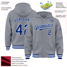 Load image into Gallery viewer, Custom Gray Royal-White Bomber Full-Snap Varsity Letterman Hoodie Jacket