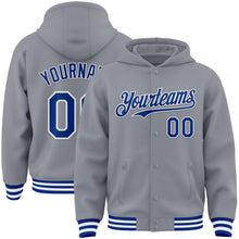 Load image into Gallery viewer, Custom Gray Royal-White Bomber Full-Snap Varsity Letterman Hoodie Jacket