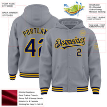 Load image into Gallery viewer, Custom Gray Navy-Gold Bomber Full-Snap Varsity Letterman Hoodie Jacket