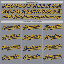 Load image into Gallery viewer, Custom Gray Navy-Gold Bomber Full-Snap Varsity Letterman Hoodie Jacket