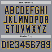 Load image into Gallery viewer, Custom Gray Navy-Gold Bomber Full-Snap Varsity Letterman Hoodie Jacket