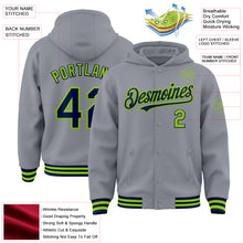 Load image into Gallery viewer, Custom Gray Navy-Neon Green Bomber Full-Snap Varsity Letterman Hoodie Jacket