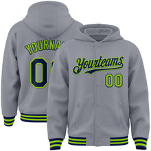 Load image into Gallery viewer, Custom Gray Navy-Neon Green Bomber Full-Snap Varsity Letterman Hoodie Jacket