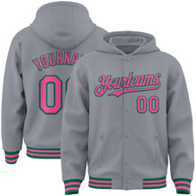 Load image into Gallery viewer, Custom Gray Pink-Kelly Green Bomber Full-Snap Varsity Letterman Hoodie Jacket