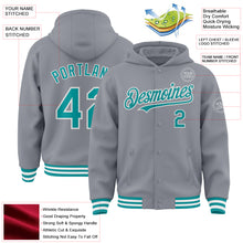 Load image into Gallery viewer, Custom Gray Teal-White Bomber Full-Snap Varsity Letterman Hoodie Jacket