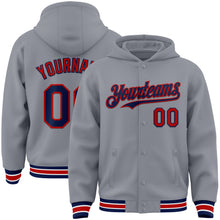 Load image into Gallery viewer, Custom Gray Navy-Red Bomber Full-Snap Varsity Letterman Hoodie Jacket