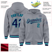 Load image into Gallery viewer, Custom Gray Navy-Teal Bomber Full-Snap Varsity Letterman Hoodie Jacket