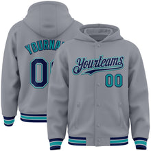 Load image into Gallery viewer, Custom Gray Navy-Teal Bomber Full-Snap Varsity Letterman Hoodie Jacket