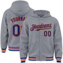 Load image into Gallery viewer, Custom Gray Royal-Orange Bomber Full-Snap Varsity Letterman Hoodie Jacket