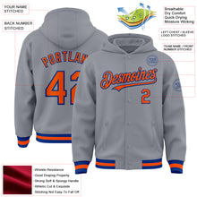 Load image into Gallery viewer, Custom Gray Orange-Royal Bomber Full-Snap Varsity Letterman Hoodie Jacket