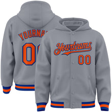 Load image into Gallery viewer, Custom Gray Orange-Royal Bomber Full-Snap Varsity Letterman Hoodie Jacket