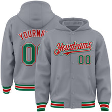 Load image into Gallery viewer, Custom Gray Kelly Green-Red Bomber Full-Snap Varsity Letterman Hoodie Jacket