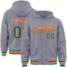 Load image into Gallery viewer, Custom Gray Kelly Green-Orange Bomber Full-Snap Varsity Letterman Hoodie Jacket