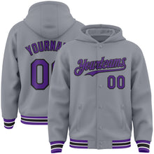 Load image into Gallery viewer, Custom Gray Purple-Black Bomber Full-Snap Varsity Letterman Hoodie Jacket