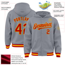 Load image into Gallery viewer, Custom Gray Red-Gold Bomber Full-Snap Varsity Letterman Hoodie Jacket