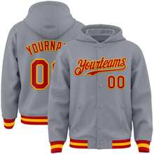 Load image into Gallery viewer, Custom Gray Red-Gold Bomber Full-Snap Varsity Letterman Hoodie Jacket