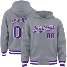 Load image into Gallery viewer, Custom Gray Purple-White Bomber Full-Snap Varsity Letterman Hoodie Jacket