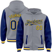 Load image into Gallery viewer, Custom Gray Royal-Yellow Bomber Full-Snap Varsity Letterman Two Tone Hoodie Jacket