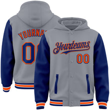 Load image into Gallery viewer, Custom Gray Royal-Orange Bomber Full-Snap Varsity Letterman Two Tone Hoodie Jacket