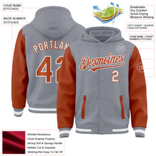 Load image into Gallery viewer, Custom Gray Texas Orange-White Bomber Full-Snap Varsity Letterman Two Tone Hoodie Jacket