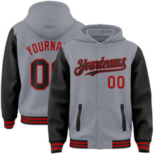 Load image into Gallery viewer, Custom Gray Black-Red Bomber Full-Snap Varsity Letterman Two Tone Hoodie Jacket