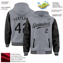Load image into Gallery viewer, Custom Gray Black Bomber Full-Snap Varsity Letterman Two Tone Hoodie Jacket