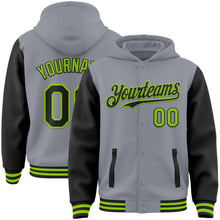 Load image into Gallery viewer, Custom Gray Black-Neon Green Bomber Full-Snap Varsity Letterman Two Tone Hoodie Jacket