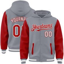 Load image into Gallery viewer, Custom Gray Red-White Bomber Full-Snap Varsity Letterman Two Tone Hoodie Jacket