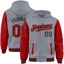 Load image into Gallery viewer, Custom Gray Red-Black Bomber Full-Snap Varsity Letterman Two Tone Hoodie Jacket