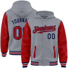 Load image into Gallery viewer, Custom Gray Red-Navy Bomber Full-Snap Varsity Letterman Two Tone Hoodie Jacket