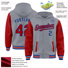 Load image into Gallery viewer, Custom Gray Red-Royal Bomber Full-Snap Varsity Letterman Two Tone Hoodie Jacket