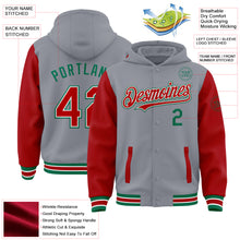 Load image into Gallery viewer, Custom Gray Red-Kelly Green Bomber Full-Snap Varsity Letterman Two Tone Hoodie Jacket
