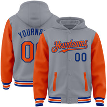 Load image into Gallery viewer, Custom Gray Orange-Royal Bomber Full-Snap Varsity Letterman Two Tone Hoodie Jacket