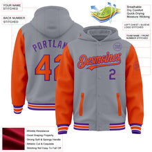 Load image into Gallery viewer, Custom Gray Orange-Purple Bomber Full-Snap Varsity Letterman Two Tone Hoodie Jacket