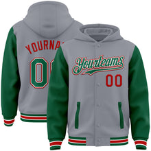 Load image into Gallery viewer, Custom Gray Kelly Green-Red Bomber Full-Snap Varsity Letterman Two Tone Hoodie Jacket