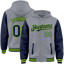 Load image into Gallery viewer, Custom Gray Navy-Neon Green Bomber Full-Snap Varsity Letterman Two Tone Hoodie Jacket