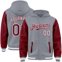 Load image into Gallery viewer, Custom Gray Crimson-White Bomber Full-Snap Varsity Letterman Two Tone Hoodie Jacket