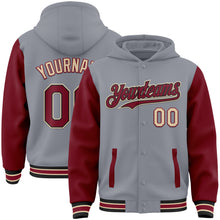 Load image into Gallery viewer, Custom Gray Crimson Black-City Cream Bomber Full-Snap Varsity Letterman Two Tone Hoodie Jacket