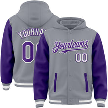 Load image into Gallery viewer, Custom Gray Purple-White Bomber Full-Snap Varsity Letterman Two Tone Hoodie Jacket
