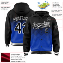 Load image into Gallery viewer, Custom Black Thunder Blue-White Gradient Square Shape 3D Pattern Design Bomber Full-Snap Varsity Letterman Hoodie Jacket