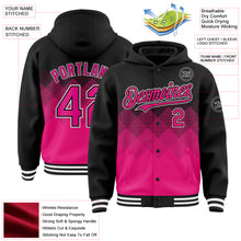 Load image into Gallery viewer, Custom Black Hot Pink-White Gradient Square Shape 3D Pattern Design Bomber Full-Snap Varsity Letterman Hoodie Jacket